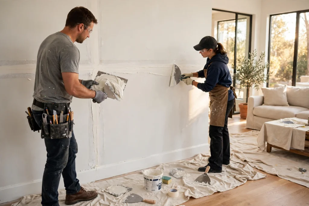 About Drywall finishers smoothing joint compound on a freshly boarded wall in a Fort Erie home