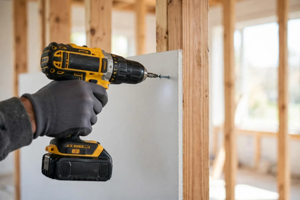 New Drywall Installation Worker fastening a drywall panel to wall studs during a new drywall installation in Fort Erie