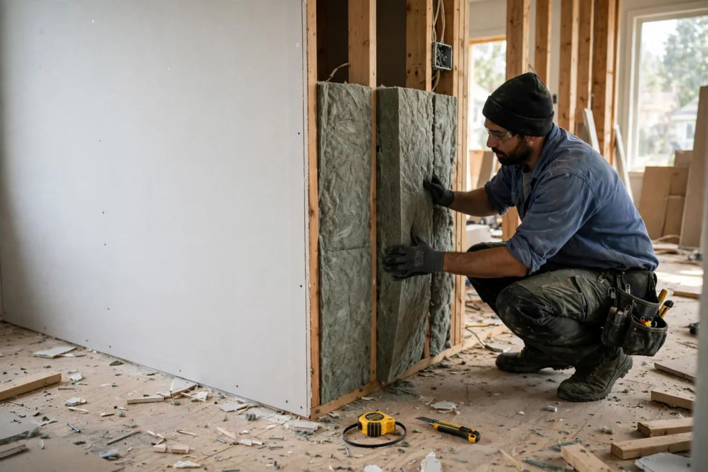Installing acoustic insulation between wall studs for drywall soundproofing in a Fort Erie home
