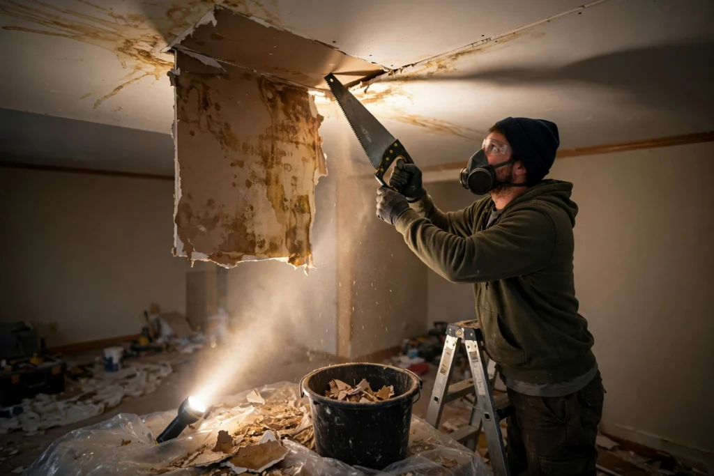 Worker cutting out water-stained drywall during a water damage repair in Fort Erie